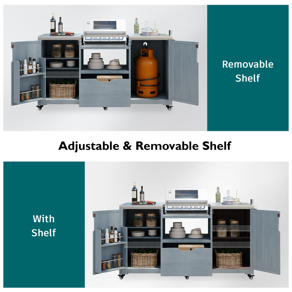 K&K 66.5" Outdoor Kitchen Island for Big Green Egg Grills, Solid Wood Outdoor Grill Cart for Tabletop Grill with Stainless Steel Top, Drawer, Compatible with Large Big Green Egg, Kamado Joe- Grey Blue