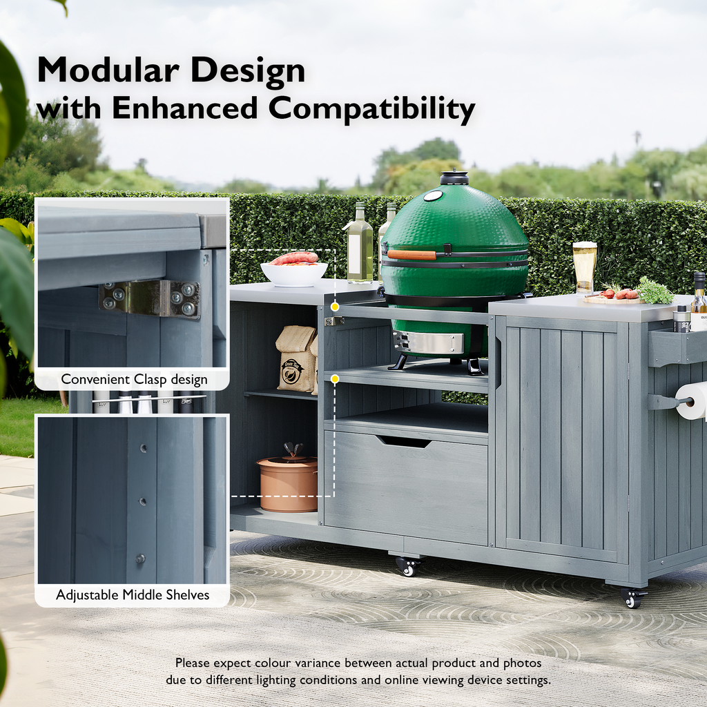 K&K 66.5" Outdoor Kitchen Island for Big Green Egg Grills, Solid Wood Outdoor Grill Cart for Tabletop Grill with Stainless Steel Top, Drawer, Compatible with Large Big Green Egg, Kamado Joe- Grey Blue