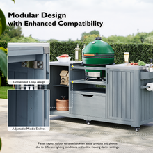 Load image into Gallery viewer, K&amp;K 66.5" Outdoor Kitchen Island for Big Green Egg Grills, Solid Wood Outdoor Grill Cart for Tabletop Grill with Stainless Steel Top, Drawer, Compatible with Large Big Green Egg, Kamado Joe- Grey Blue