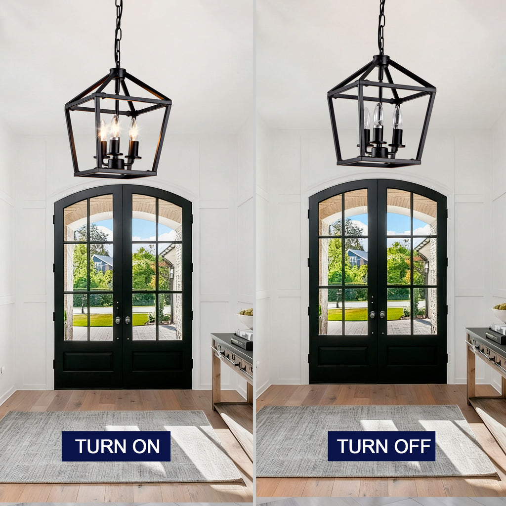Farmhouse Lantern Chandelier 3-Light, Industrial Black Ceiling Light Fixture with Rustic Open Cage and Adjustable Hanging Height, E12 Base for Kitchen Island, Dining Room, Entryway, Foyer
