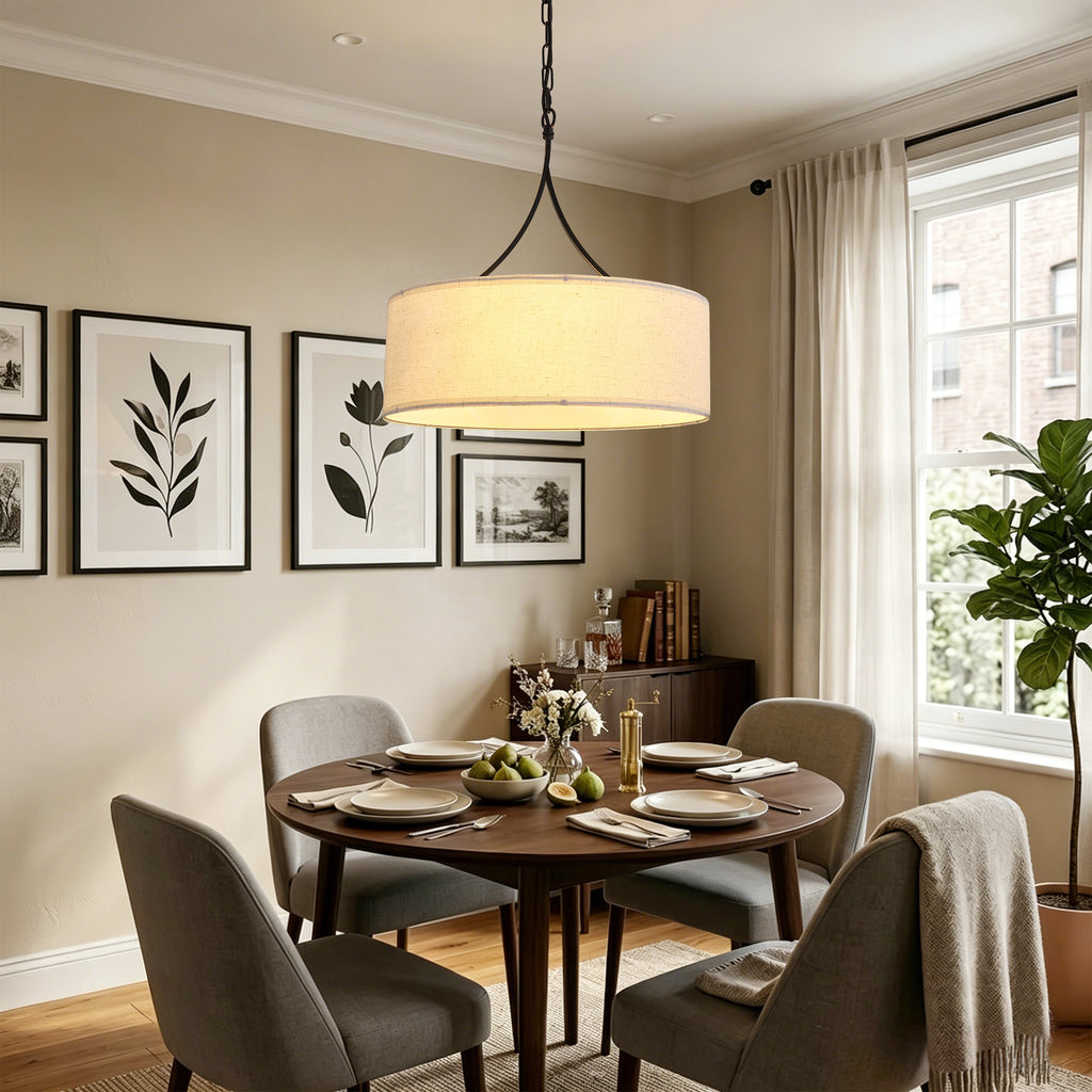 Modern 3-Light Fabric Pendant Light, Black Adjustable Drum Chandelier, Matte Black Fabric Shade Ceiling Light Fixture for Dining Room Living Room Bedroom