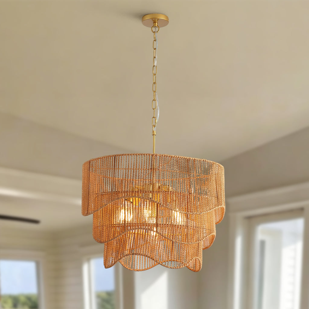 Handwoven Paper Rattan Boho Chandelier with 7-Light E26 Base, 60cm Adjustable Height Wave Pendant Light for Living Room, Sloped Ceiling Compatible, Sturdy Metal Hardware, Warm Glow for Dining Room