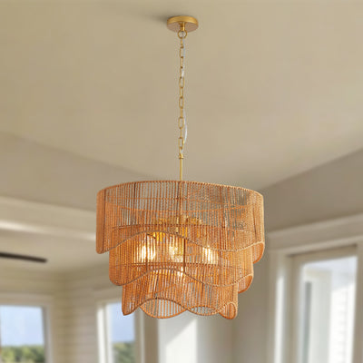 Handwoven Paper Rattan Boho Chandelier with 7-Light E26 Base, 60cm Adjustable Height Wave Pendant Light for Living Room, Sloped Ceiling Compatible, Sturdy Metal Hardware, Warm Glow for Dining Room