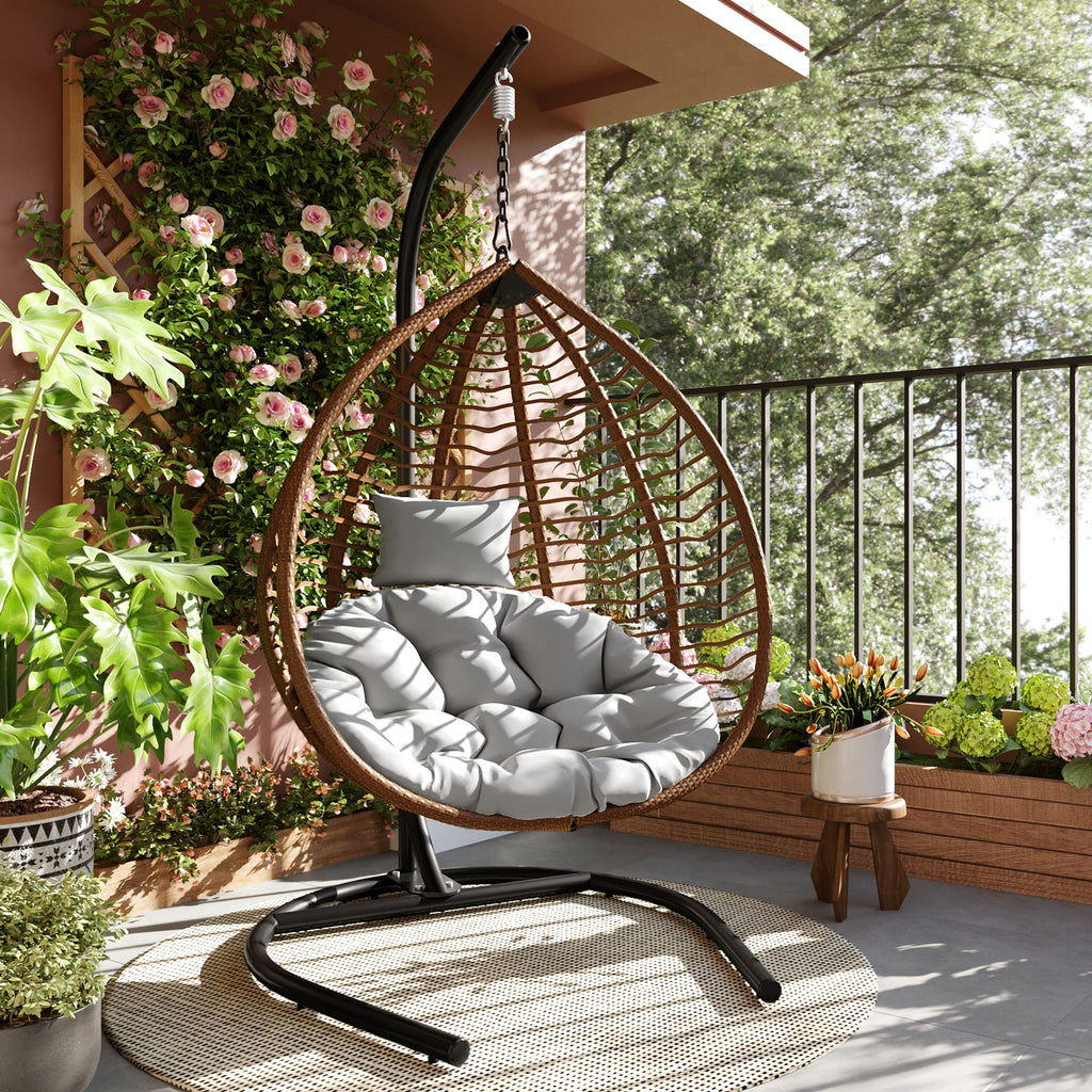 U_STYLE Indoor Outdoor Hanging Hammock Chair with Stand, Foldable Rattan Egg Swing Chair with Iron Frame and Plush Cushion & Removable Headrest,Suitable for Porch Garden,Balcony,Indoor
