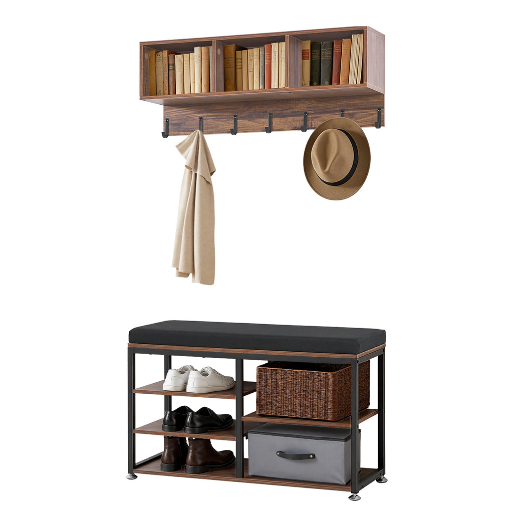 Coat Rack with Shoe Bench, 3-in-1 Shoe Coat Rack Combo Set with Hooks and Bookshelf, Steel Frame Hall Tree Entrance Storage Organizer Holder for Entry, Bedroom, Closet, Office, Rustic Brown