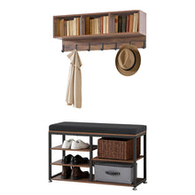 Load image into Gallery viewer, Coat Rack with Shoe Bench, 3-in-1 Shoe Coat Rack Combo Set with Hooks and Bookshelf, Steel Frame Hall Tree Entrance Storage Organizer Holder for Entry, Bedroom, Closet, Office, Rustic Brown