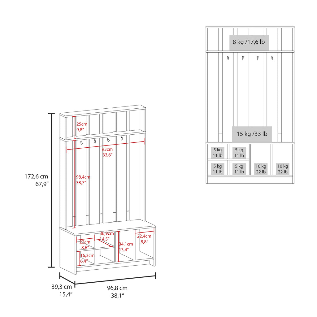 Tulcan 38" Wide Hall Tree with Bench and Shoe Storage, Entryway  Bench with Coat Rack
