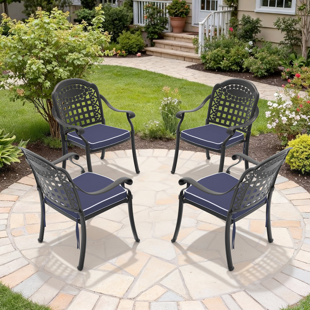 Cast Aluminum Patio Dining Chair 2PCS With Black Frame and Blue Cushions (same sku: W171091759)