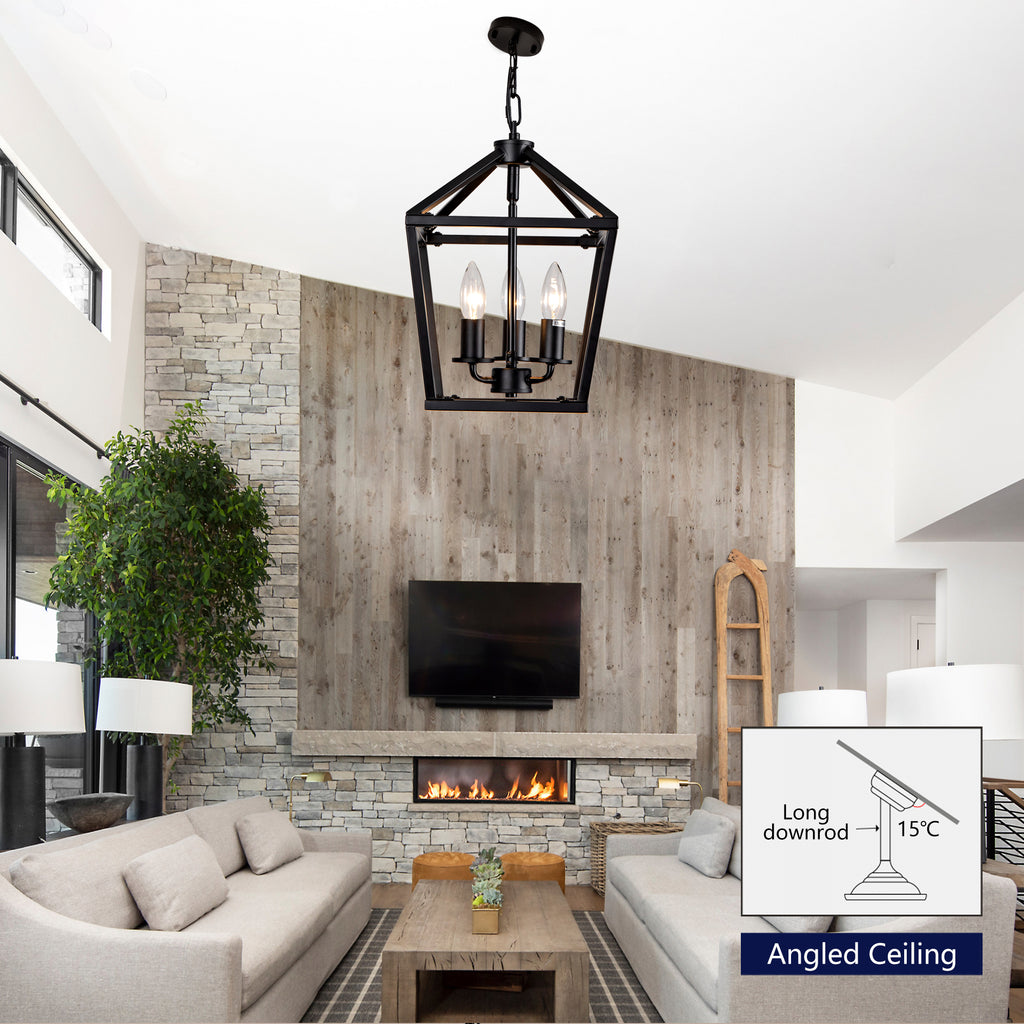 Farmhouse Lantern Chandelier 3-Light, Industrial Black Ceiling Light Fixture with Rustic Open Cage and Adjustable Hanging Height, E12 Base for Kitchen Island, Dining Room, Entryway, Foyer