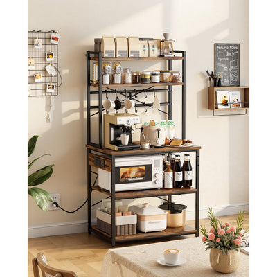 Kitchen Bakers Rack, 5 ft Power Cable Bakers Rack with Power Outlet, Kitchen Stand with X-Shaped Support Bar, 12 S-Shaped Hooks, Coffee Bar Stand for Dishes, Spice Bottles, Built-In Power Strip
