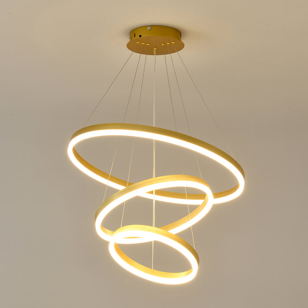Modern Gold Led Chandelier 3 Rings Gold Dimmable  LED Chandeliers Light Fixture for Kitchen Island Height Adjustable Chandelier Led Pendant Light for Dining Room Bedroom Living Room
