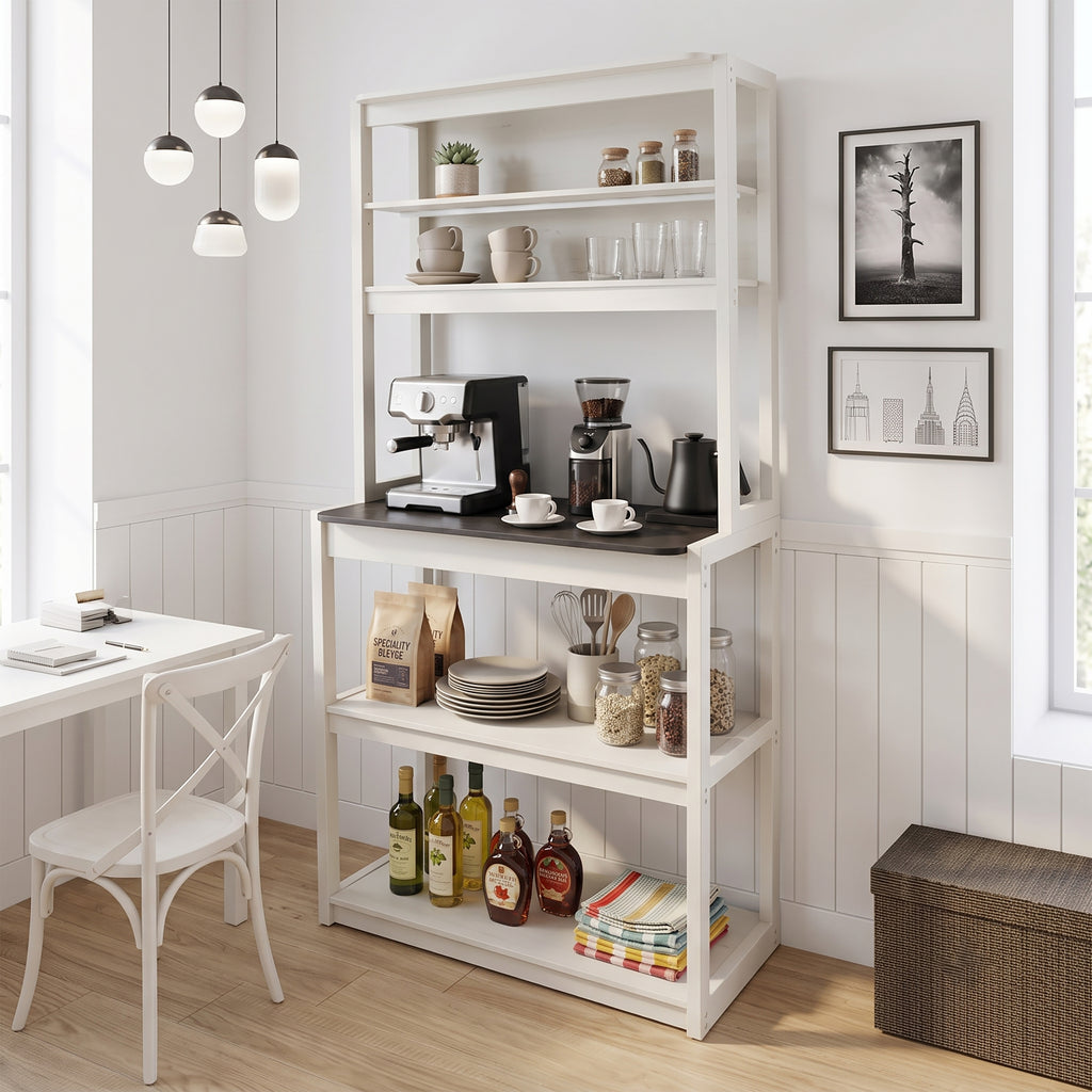 31.5" White and Black color 5-Tier Bakers Rack for Kitchen with Storage, Coffee Bar, Kitchen Shelves,  Microwave Stand