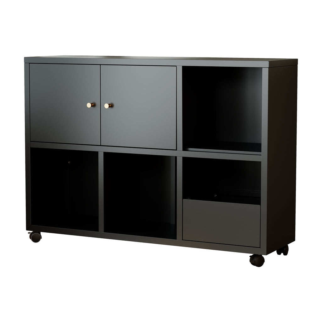 Rolling Toy Storage Cabinet on Wheels - Black Iron Playroom Organizer with Open Cubbies and Closed Cabinets, Sturdy Metal Storage Furniture for Bedroom & Home