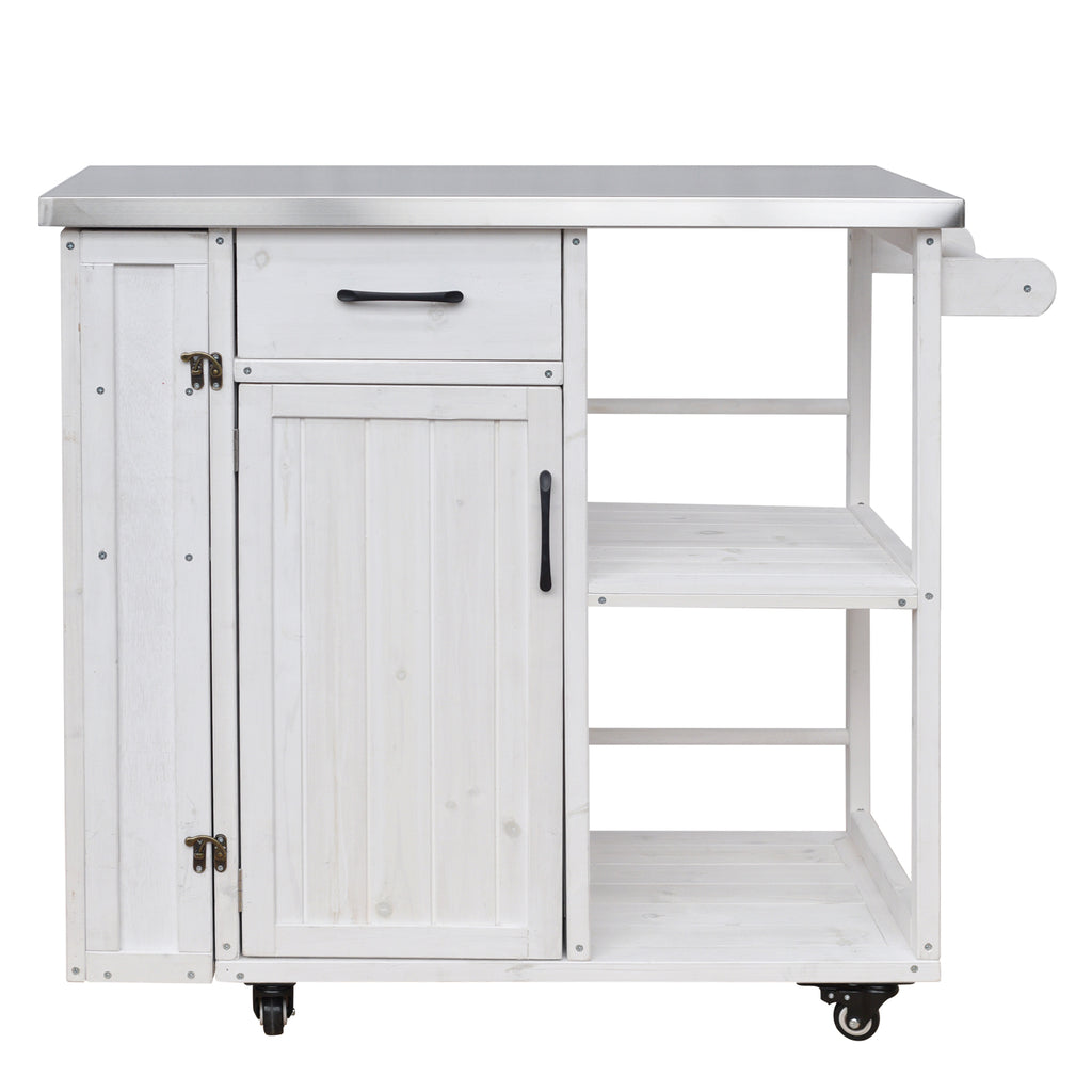 Outdoor Kitchen Island Fir Wood Prep Station Lockable Kitchen Cart with Stainless Top, Ample Storage Space, Towel and Spice Racks for Patio and Outdoor, White