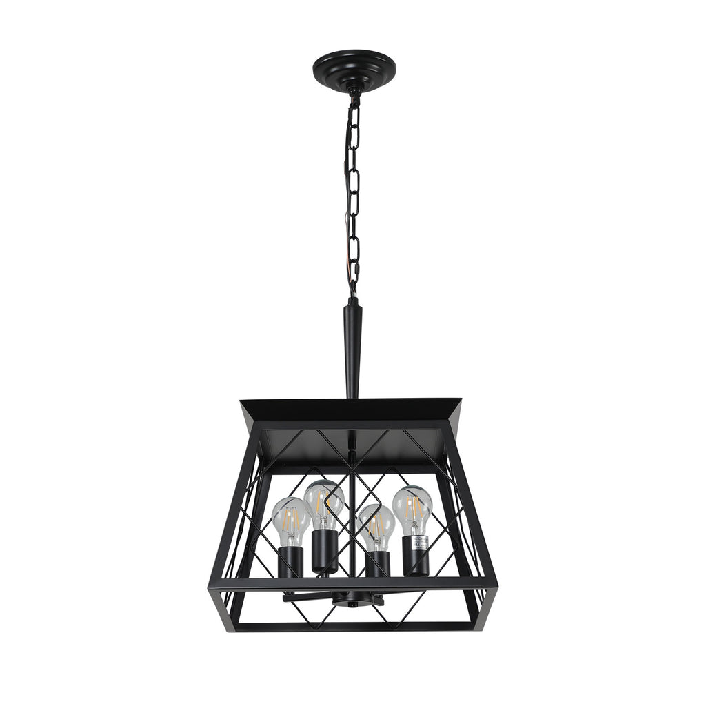 16" Black Industrial 4-Light Pendant Chandelier, Modern Metal Cage Design, Adjustable Hanging Light for Dining Room, Kitchen, Living Room (No Bulbs)