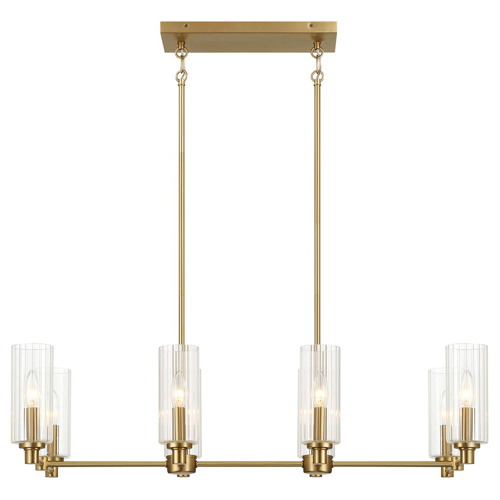 Willow Eight Lights Island With Clear Ribbed Glass Pendant Lamp - Satin Brass