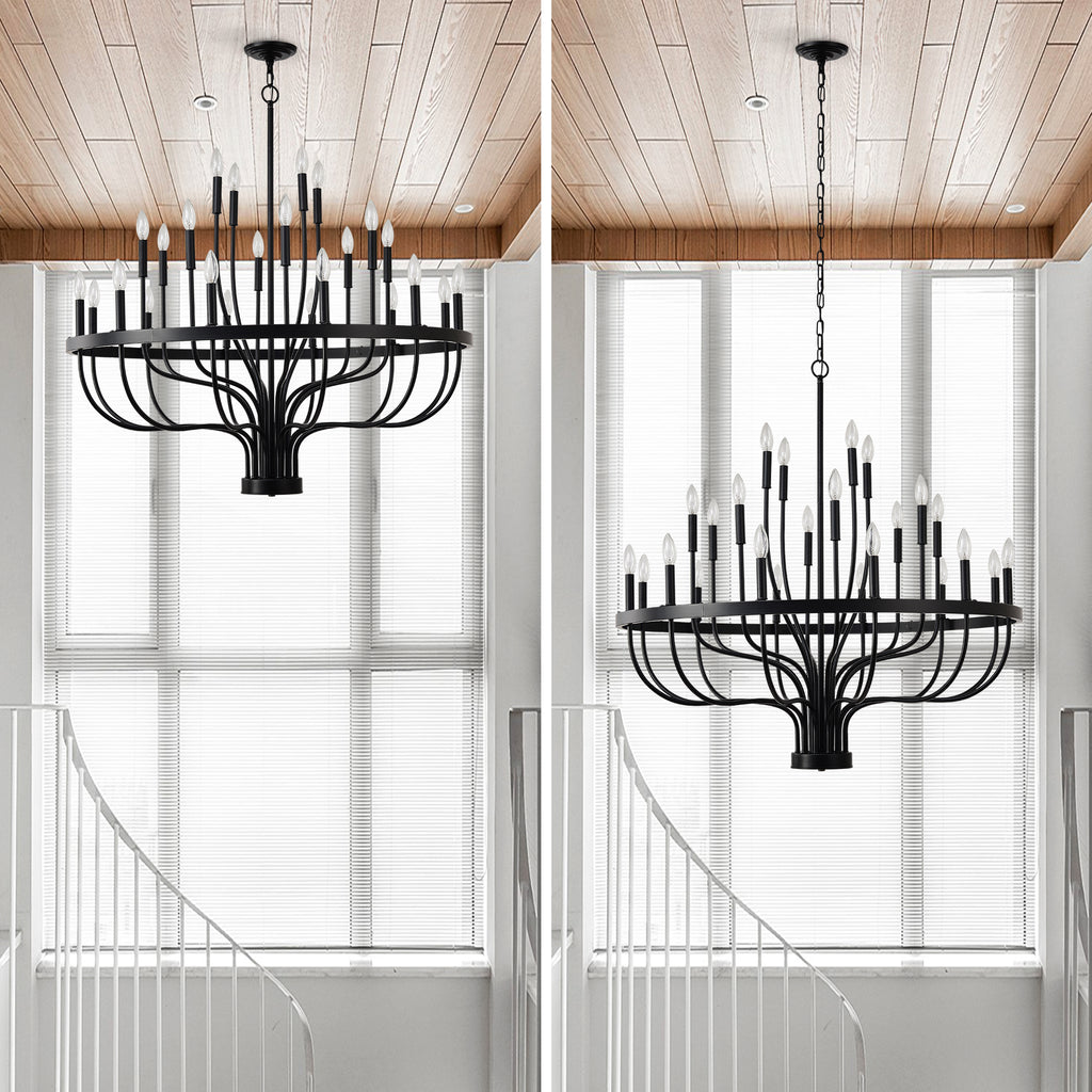 24-Light Black Chandelier Industrial Iron Candle Chandelier Modern Suspended Farmhouse Chandeliers Pendant Light Fixtures for Dining Room Bedroom Living Room Kitchen Island Foyer E12 Bulb (NO Include)