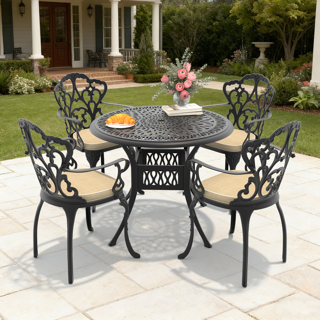 Ø35.43-inch Cast Aluminum Patio Dining Table With Black Frame and Umbrella Hole (same sku: W171084475,W1710P497717)
