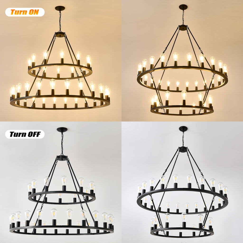 52 Inch Black Extra Large Wagon Wheel Chandelier, 2 Tier 36-Lights (24+12) +(12+24) Farmhouse Industrial Round High Ceiling Pendant Light Adjustable Chain, for Dining Room, Living Room,Kitchen