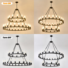Load image into Gallery viewer, 52 Inch Black Extra Large Wagon Wheel Chandelier, 2 Tier 36-Lights (24+12) +(12+24) Farmhouse Industrial Round High Ceiling Pendant Light Adjustable Chain, for Dining Room, Living Room,Kitchen