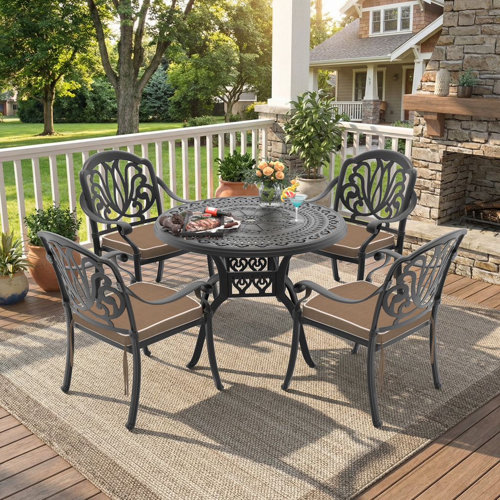 Ø39.37-inch Cast Aluminum Patio Dining Table With Black Frame and Umbrella Hole (same sku: W171084477)