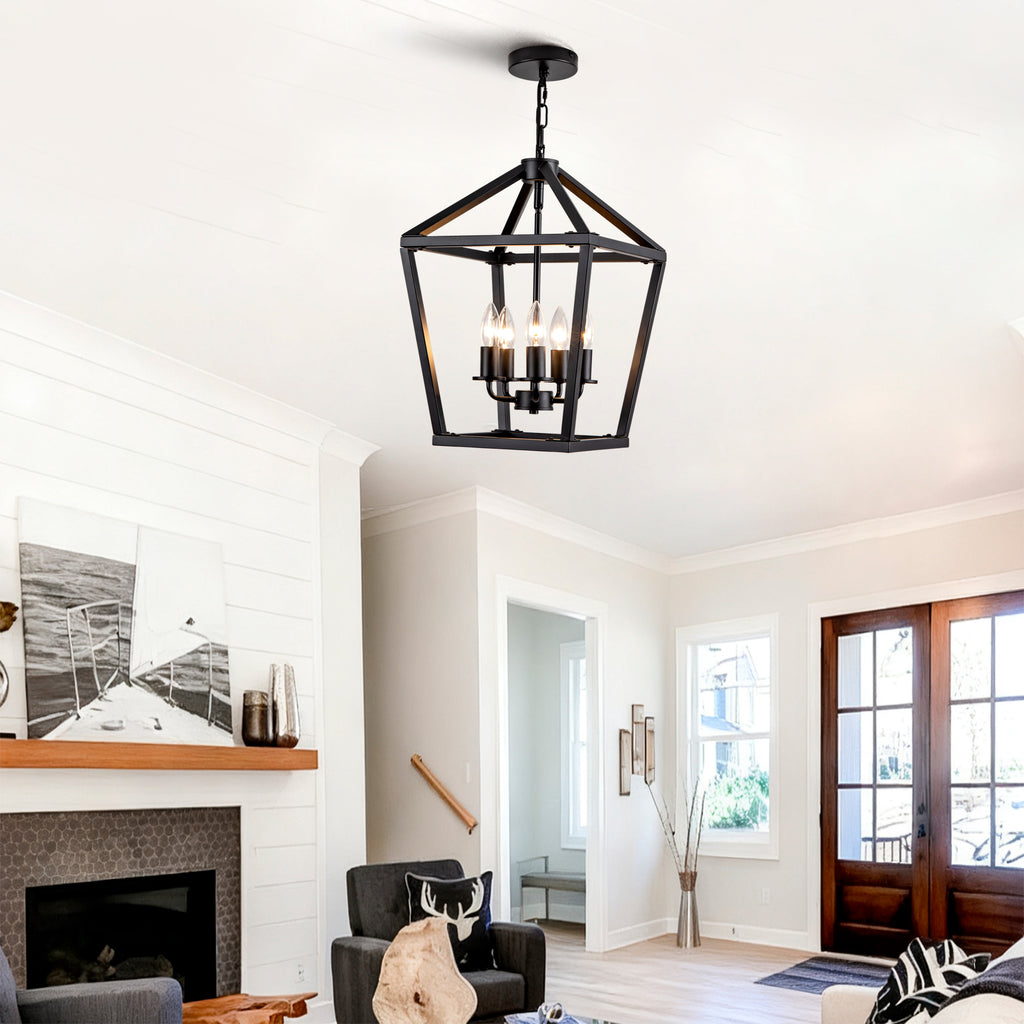 Farmhouse Lantern Chandelier 3-Light, Industrial Black Ceiling Light Fixture with Rustic Open Cage and Adjustable Hanging Height, E12 Base for Kitchen Island, Dining Room, Entryway, Foyer