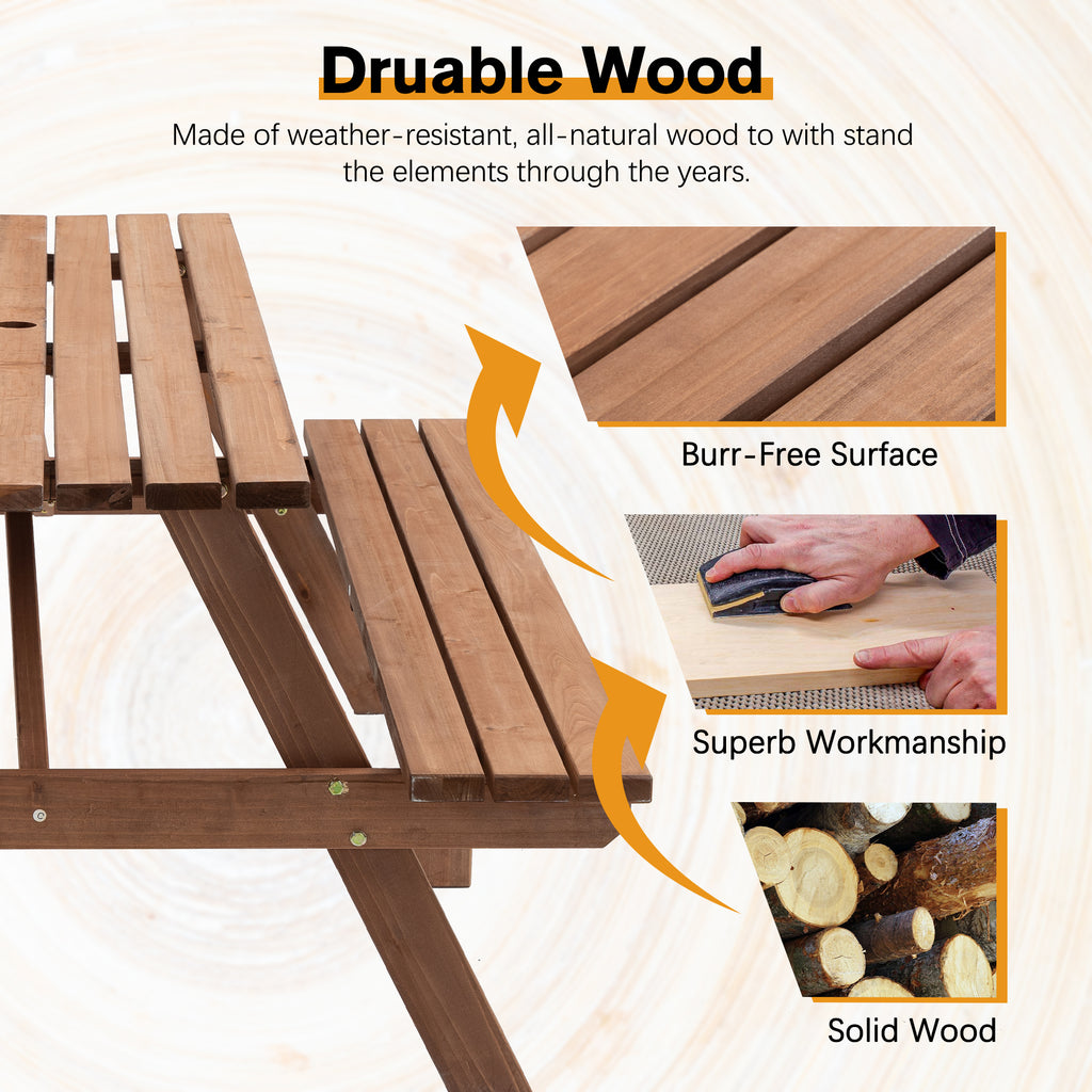8 Person Brown Wooden Picnic Table, Outdoor Camping Dining Table with 2 Seats, Garden, DIY with 2 Built-in Benches, 2220lb Capacity