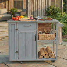 Load image into Gallery viewer, Outdoor Kitchen Island Fir Wood Prep Station Lockable Kitchen Cart with Stainless Top, Ample Storage Space, Towel and Spice Racks for Patio and Outdoor, White