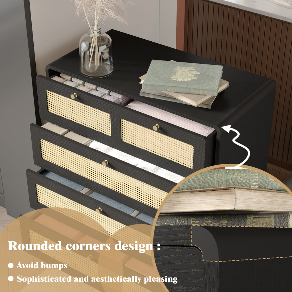 4 Drawer Dresser, Modern Rattan Dresser Chest with Wide Drawers and Metal Handles, Farmhouse Wood Storage Chest of Drawers for Bedroom, Living Room, Hallway, Entryway