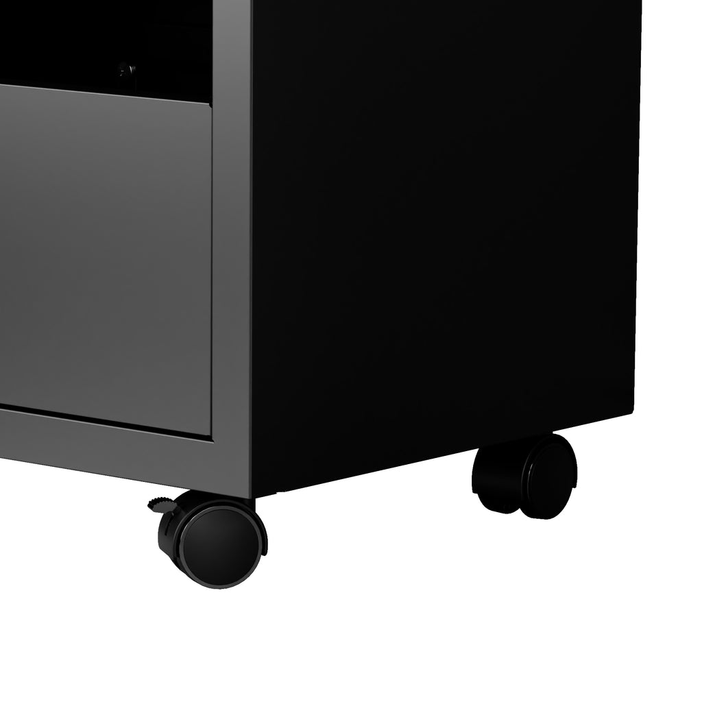 Rolling Toy Storage Cabinet on Wheels - Black Iron Playroom Organizer with Open Cubbies and Closed Cabinets, Sturdy Metal Storage Furniture for Bedroom & Home