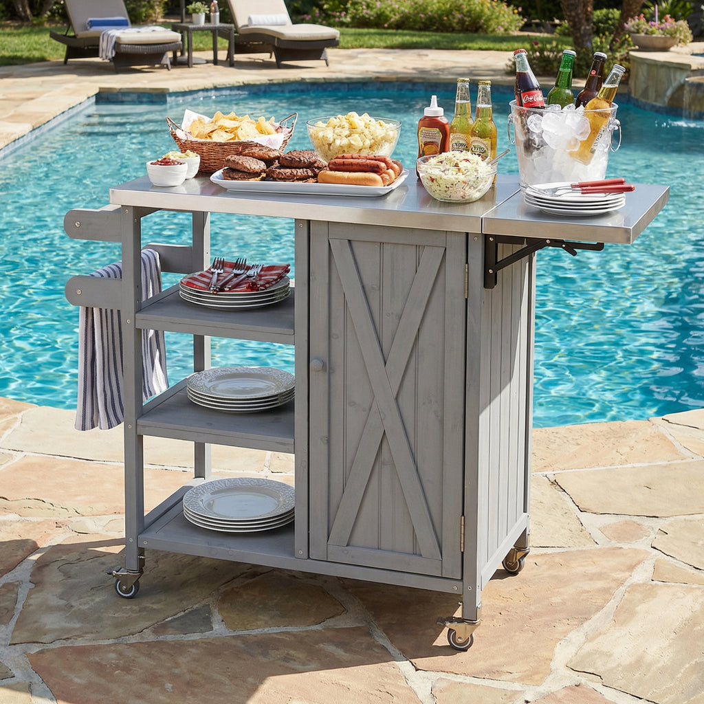 Outdoor Kitchen Island Fir Wood Prep Station Lockable Kitchen Cart with Stainless Top, Ample Storage Space, Towel and Spice Racks for Patio and Outdoor, White