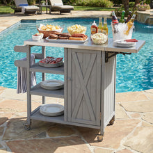 Load image into Gallery viewer, Outdoor Kitchen Island Fir Wood Prep Station Lockable Kitchen Cart with Stainless Top, Ample Storage Space, Towel and Spice Racks for Patio and Outdoor, White