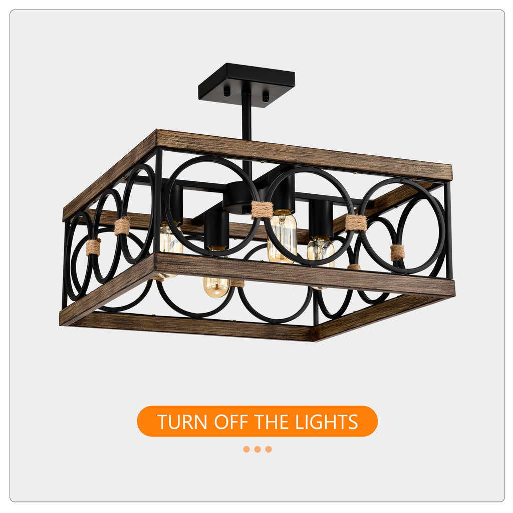 4-Light Square Kitchen Island Lights Ceiling Light Farmhouse Dining Room Light Fixture, Wood and Black Metal Rectangular Ceiling Light, Ceiling Lighting for Living Room,Conference Room, Home Office