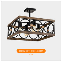 Load image into Gallery viewer, 4-Light Square Kitchen Island Lights Ceiling Light Farmhouse Dining Room Light Fixture, Wood and Black Metal Rectangular Ceiling Light, Ceiling Lighting for Living Room,Conference Room, Home Office