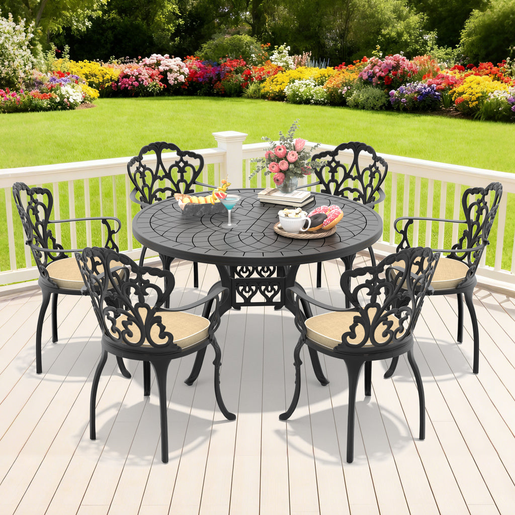 Ø47.24-inch Cast Aluminum Patio Dining Table With Black Frame and Carved Texture on the Tabletop (same sku: W171084479)