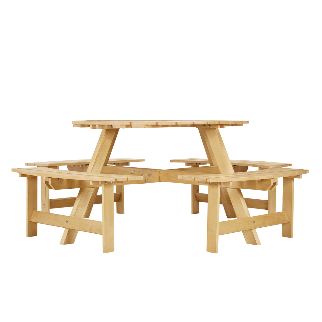 8-Person Outdoor Round Picnic Table Set with 4 Built-in Benches & Umbrella Hole - Perfect for Garden, Backyard, Porch & Patio - Natural Wood