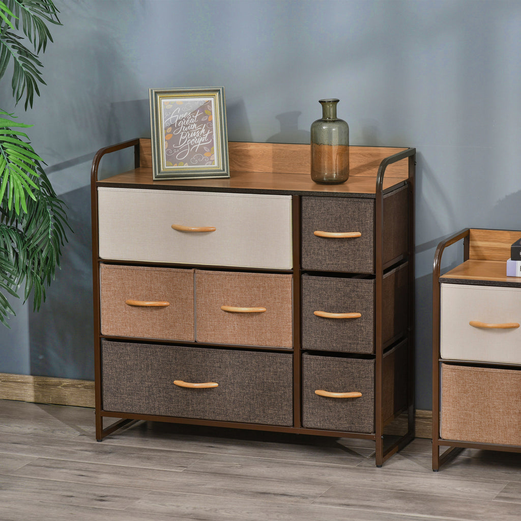 HOMCOM 7-Drawer Dresser, Fabric Drawers, 3-Tier Storage Organizer for Bedroom Entryway, Tower Unit with Steel Frame Wooden Top, Maple Wood