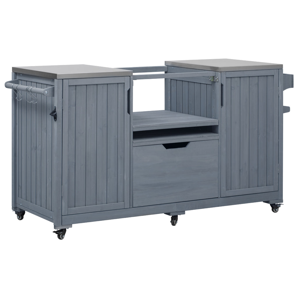 K&K 66.5" Outdoor Kitchen Island for Big Green Egg Grills, Solid Wood Outdoor Grill Cart for Tabletop Grill with Stainless Steel Top, Drawer, Compatible with Large Big Green Egg, Kamado Joe- Grey Blue