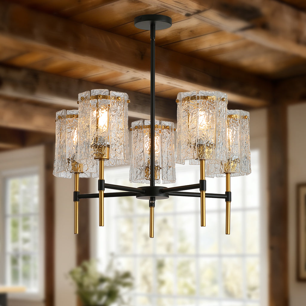 Modern 5-Light Black and Gold Chandelier, Textured Glass Pendant Light with Electroplated Gold Finish for Living Room Dining Room Not Including the Bulb