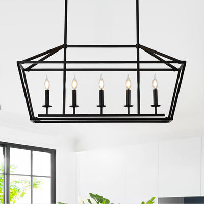 5-Light Farmhouse Kitchen Island Lighting,5 Light Industrial Linear Chandelier for Dining Room Metal Matte Black Finish Hanging Pendant Light Fixture for Bedroom Living Room Hallway Conference Room